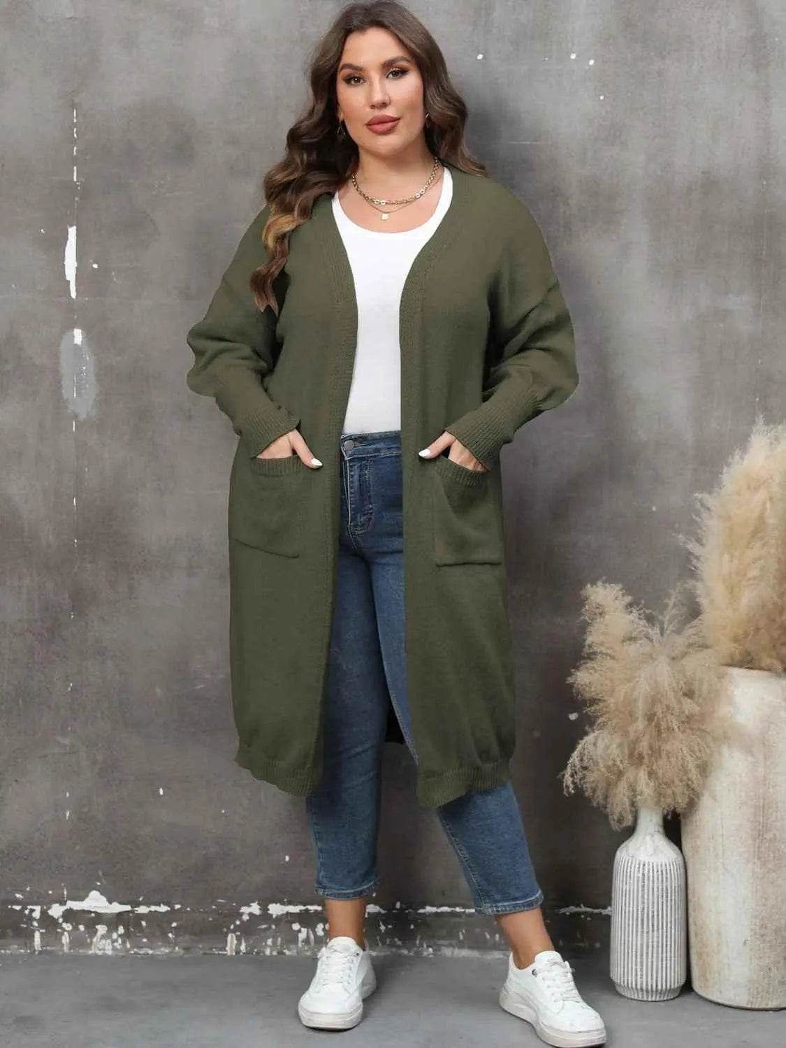 Plus Size Long Sleeve Pocketed Cardigan - GiFTiFY