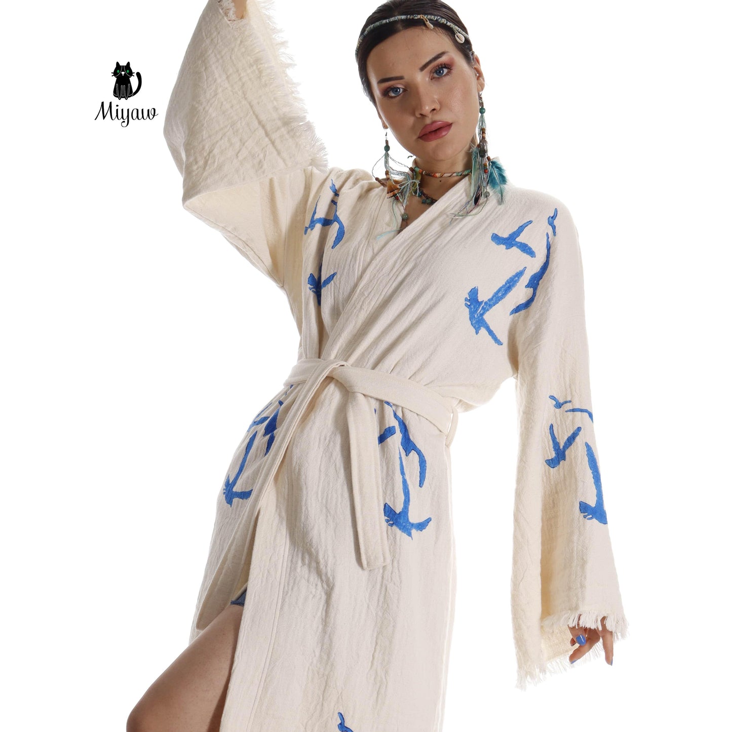 Handcrafted Seagull Print Kimono Robe in Organic Cotton - Bohemian Beach Cover Up Miyawfashion