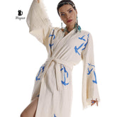 Handcrafted Seagull Print Kimono Robe in Organic Cotton - Bohemian Beach Cover Up - GiFTiFY