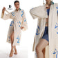 Handcrafted Seagull Print Kimono Robe in Organic Cotton - Bohemian Beach Cover Up Miyawfashion