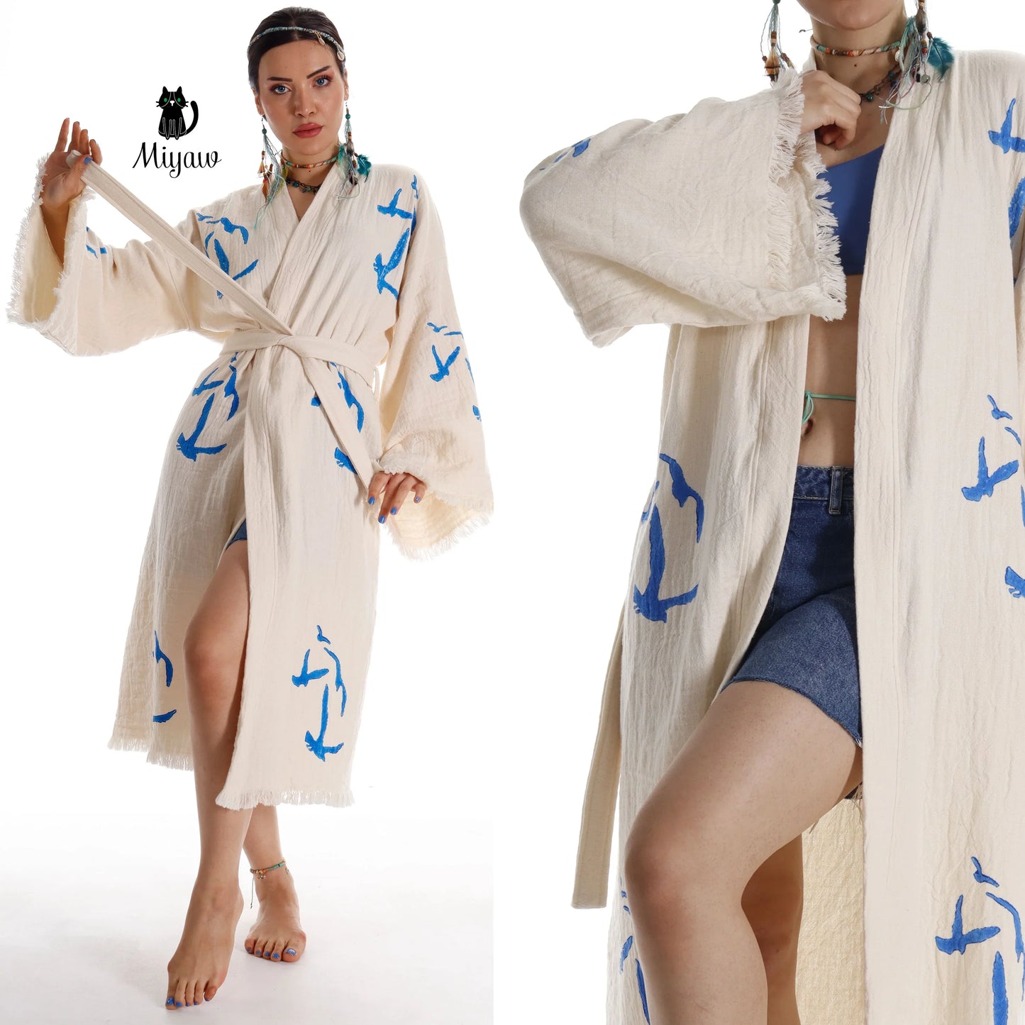 Handcrafted Seagull Print Kimono Robe in Organic Cotton - Bohemian Beach Cover Up Miyawfashion