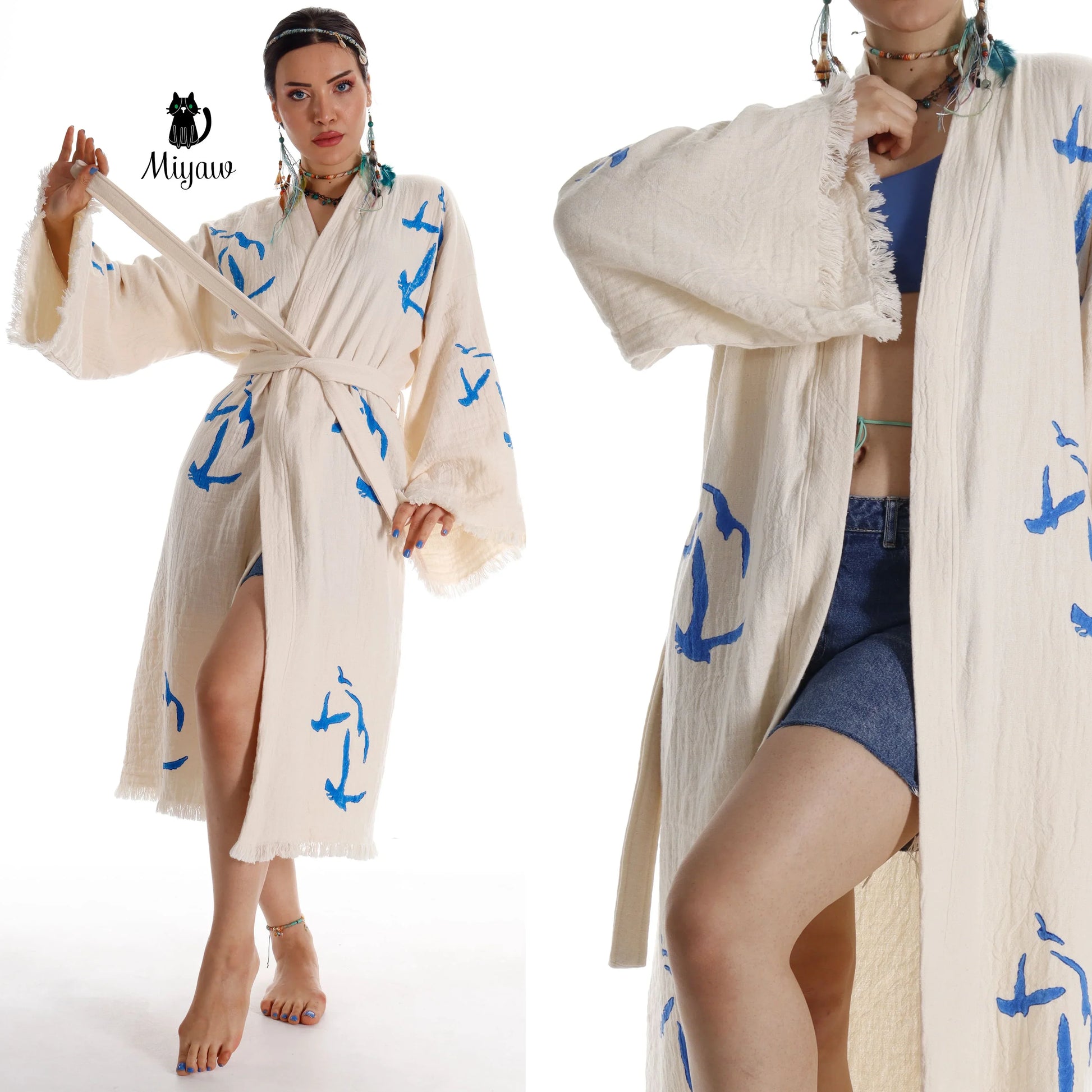 Handcrafted Seagull Print Kimono Robe in Organic Cotton - Bohemian Beach Cover Up Miyawfashion