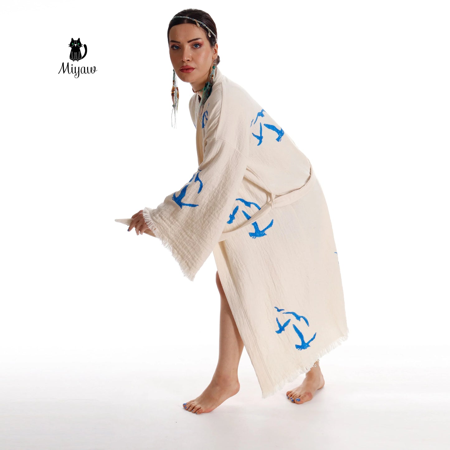 Handcrafted Seagull Print Kimono Robe in Organic Cotton - Bohemian Beach Cover Up Miyawfashion