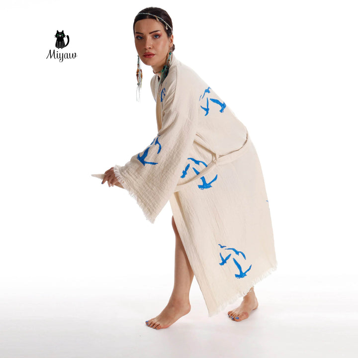 Handcrafted Seagull Print Kimono Robe in Organic Cotton - Bohemian Beach Cover Up - GiFTiFY