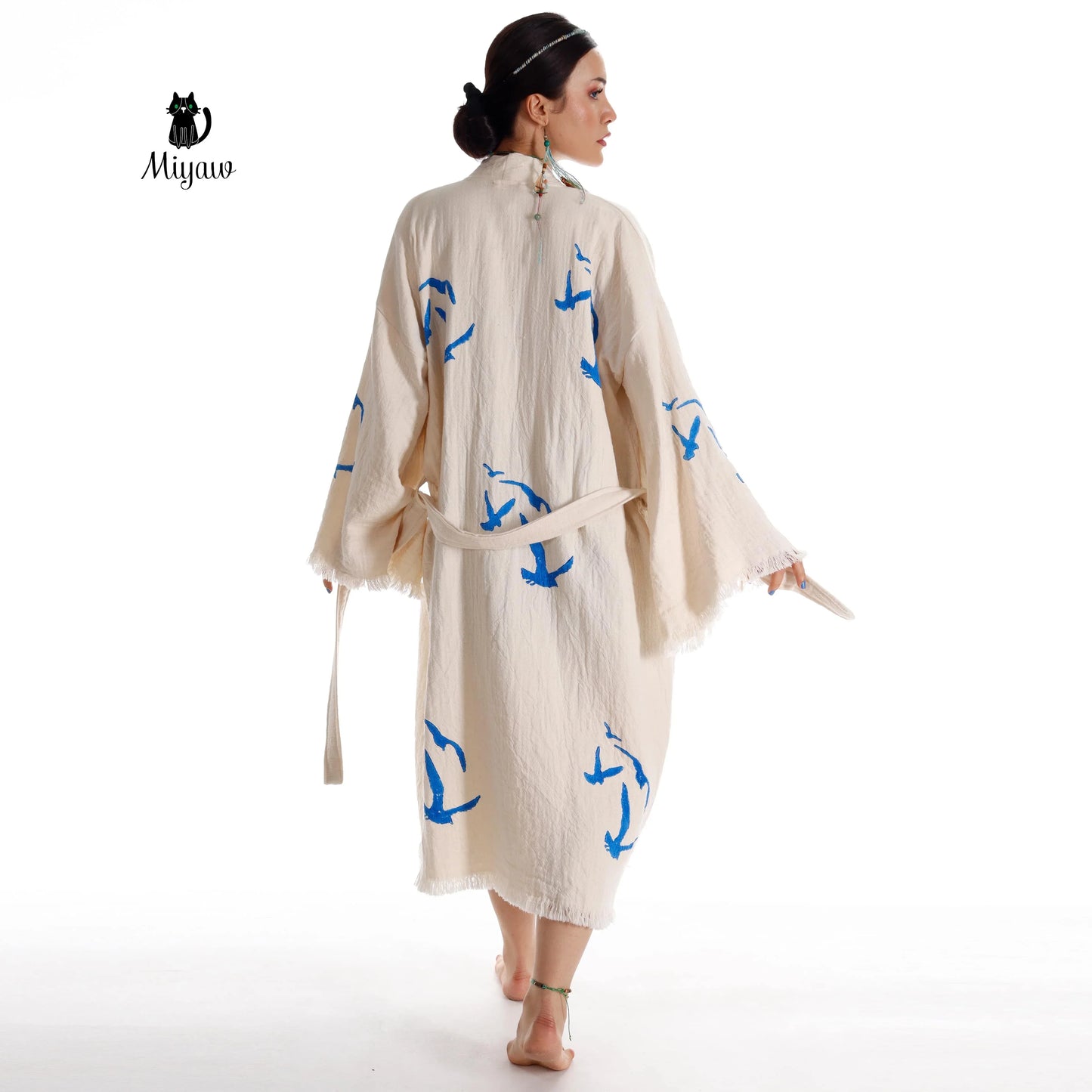 Handcrafted Seagull Print Kimono Robe in Organic Cotton - Bohemian Beach Cover Up Miyawfashion
