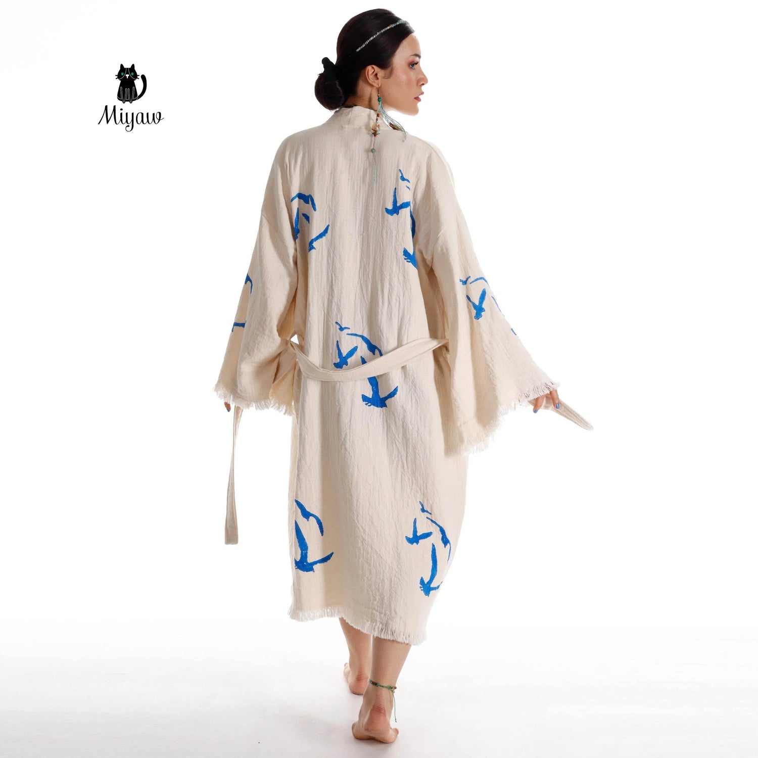 Handcrafted Seagull Print Kimono Robe in Organic Cotton - Bohemian Beach Cover Up - GiFTiFY