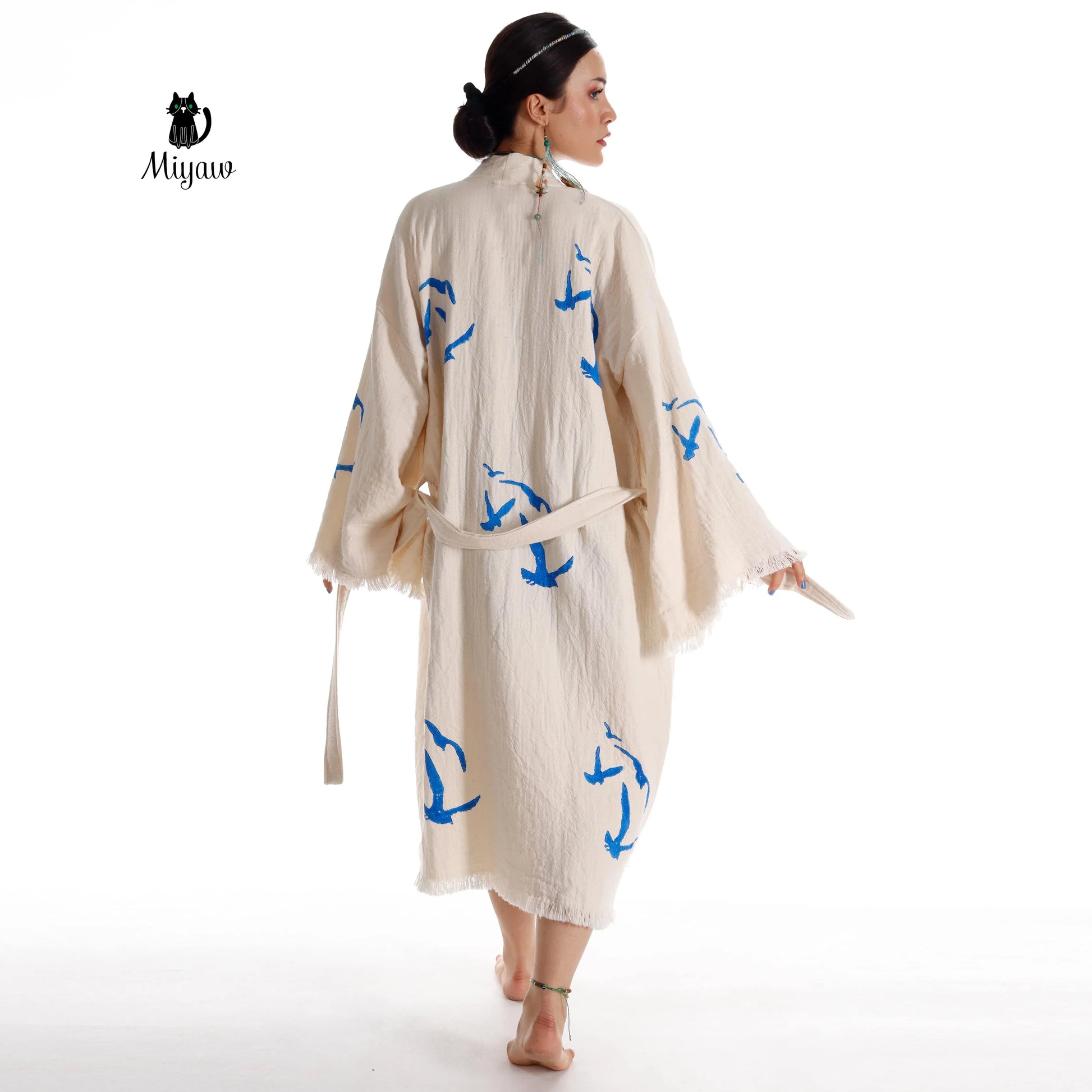 Handcrafted Seagull Print Kimono Robe in Organic Cotton - Bohemian Beach Cover Up Miyawfashion