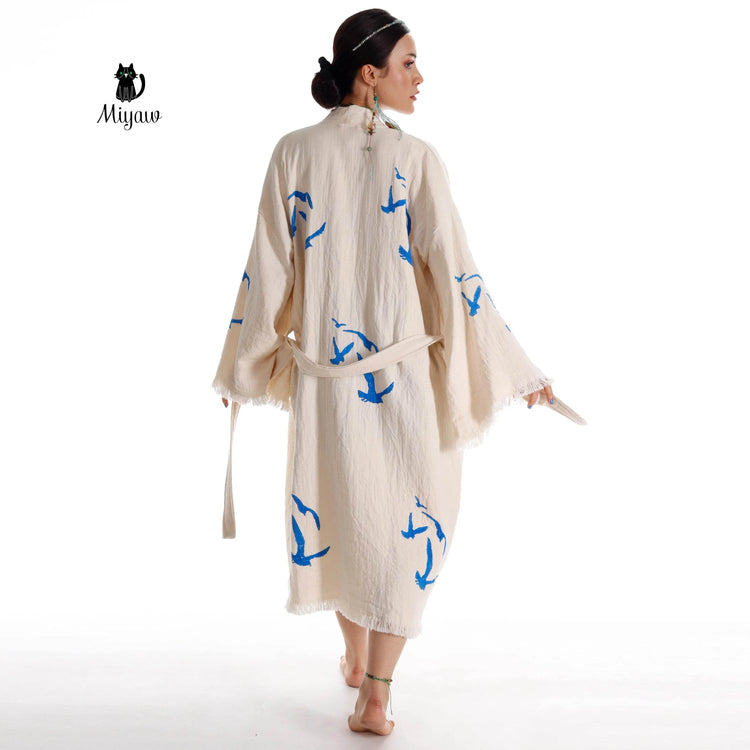 Handcrafted Seagull Print Kimono Robe in Organic Cotton - Bohemian Beach Cover Up - GiFTiFY