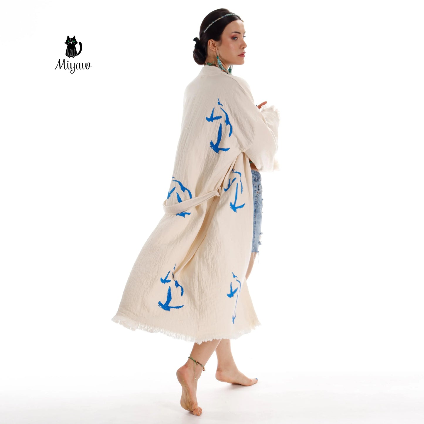 Handcrafted Seagull Print Kimono Robe in Organic Cotton - Bohemian Beach Cover Up Miyawfashion