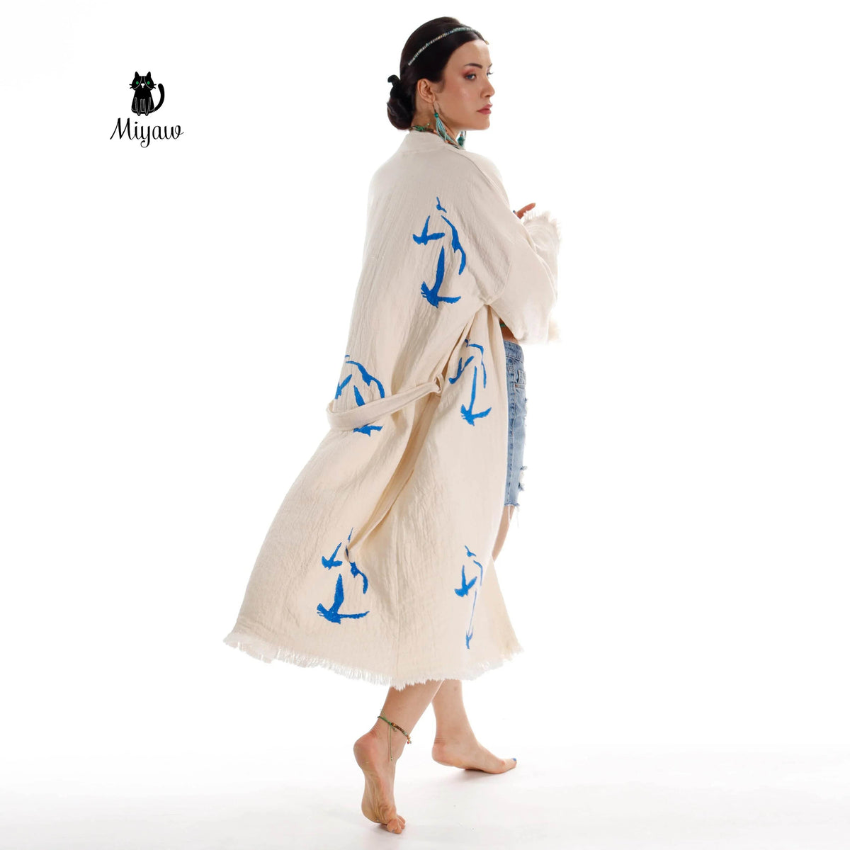 Handcrafted Seagull Print Kimono Robe in Organic Cotton - Bohemian Beach Cover Up by Miyawfashion