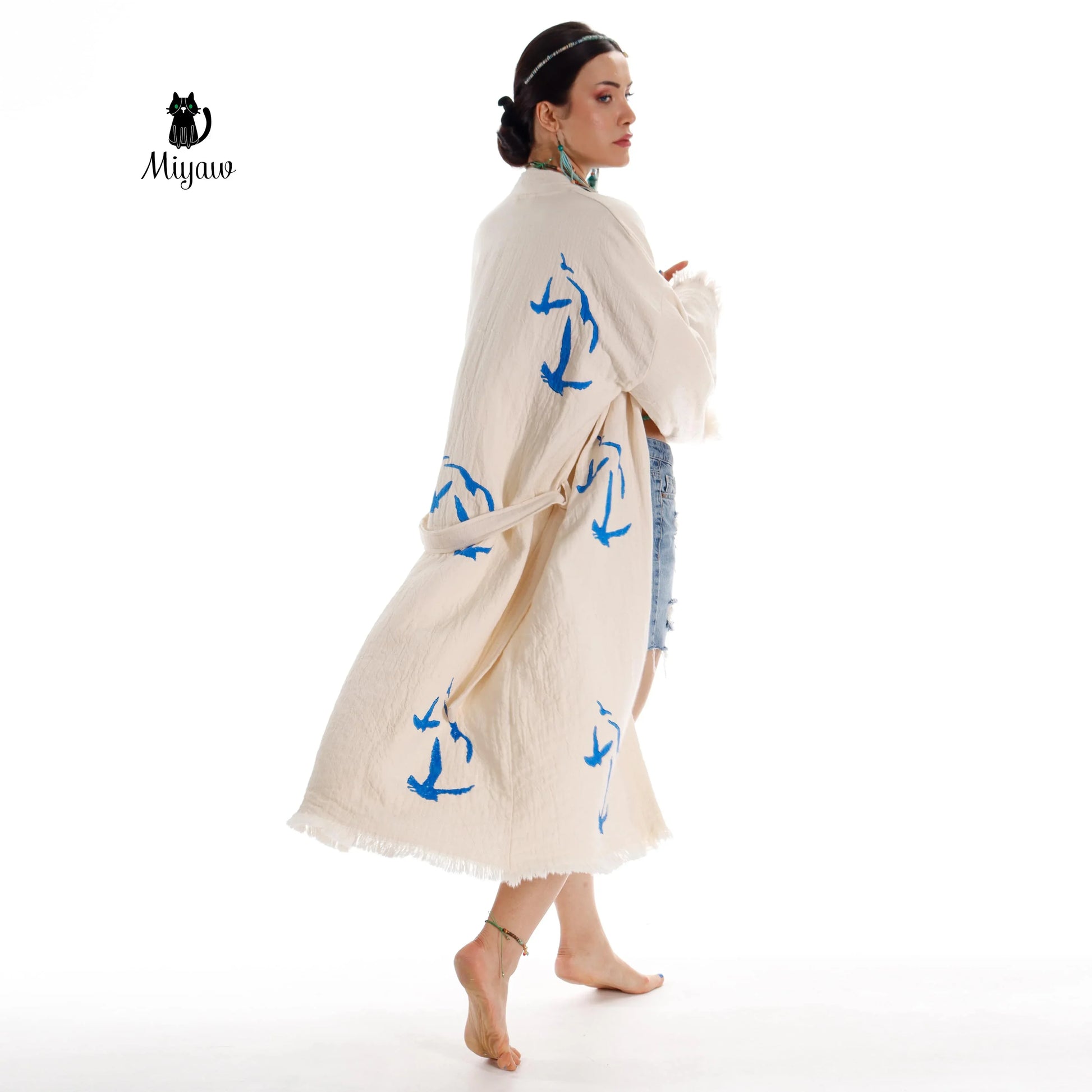 Handcrafted Seagull Print Kimono Robe in Organic Cotton - Bohemian Beach Cover Up Miyawfashion