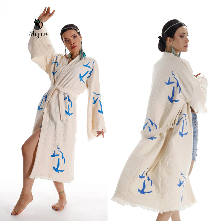 Handcrafted Seagull Print Kimono Robe in Organic Cotton - Bohemian Beach Cover Up - GiFTiFY