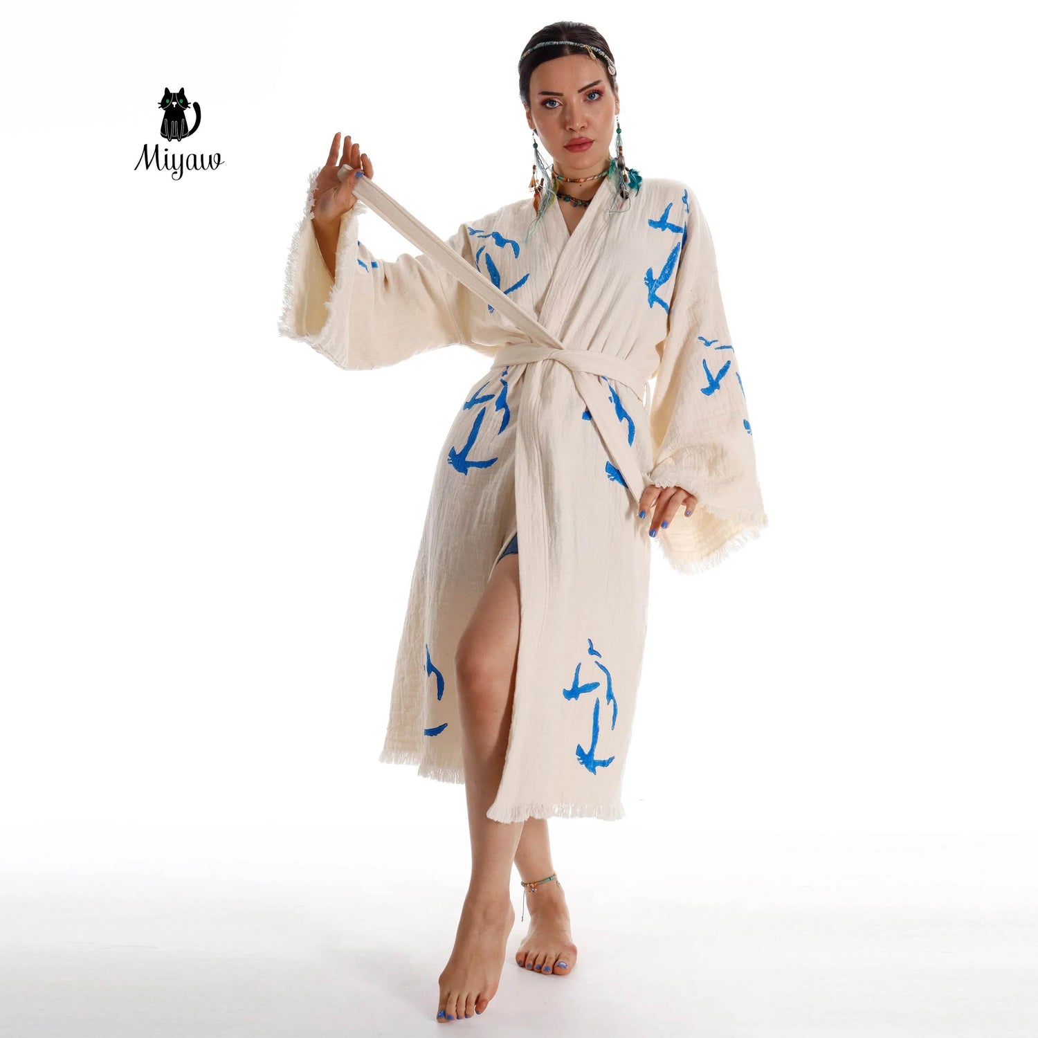 Handcrafted Seagull Print Kimono Robe in Organic Cotton - Bohemian Beach Cover Up - GiFTiFY