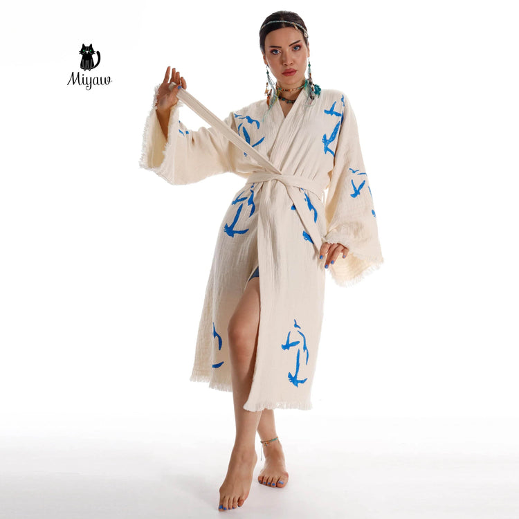Handcrafted Seagull Print Kimono Robe in Organic Cotton - Bohemian Beach Cover Up - GiFTiFY
