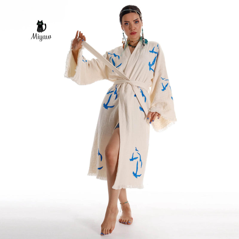 Handcrafted Seagull Print Kimono Robe in Organic Cotton - Bohemian Beach Cover Up by Miyawfashion