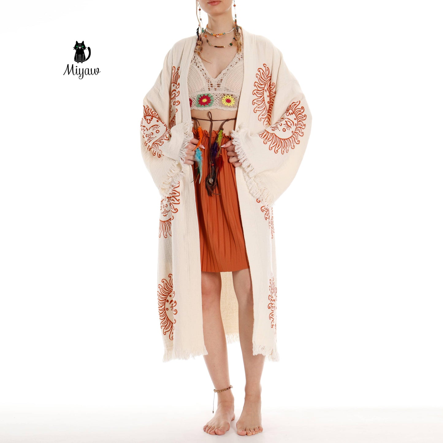 Unique Sun Stamped Robe: Eco-Friendly Organic Cotton Boho Kimono Miyawfashion