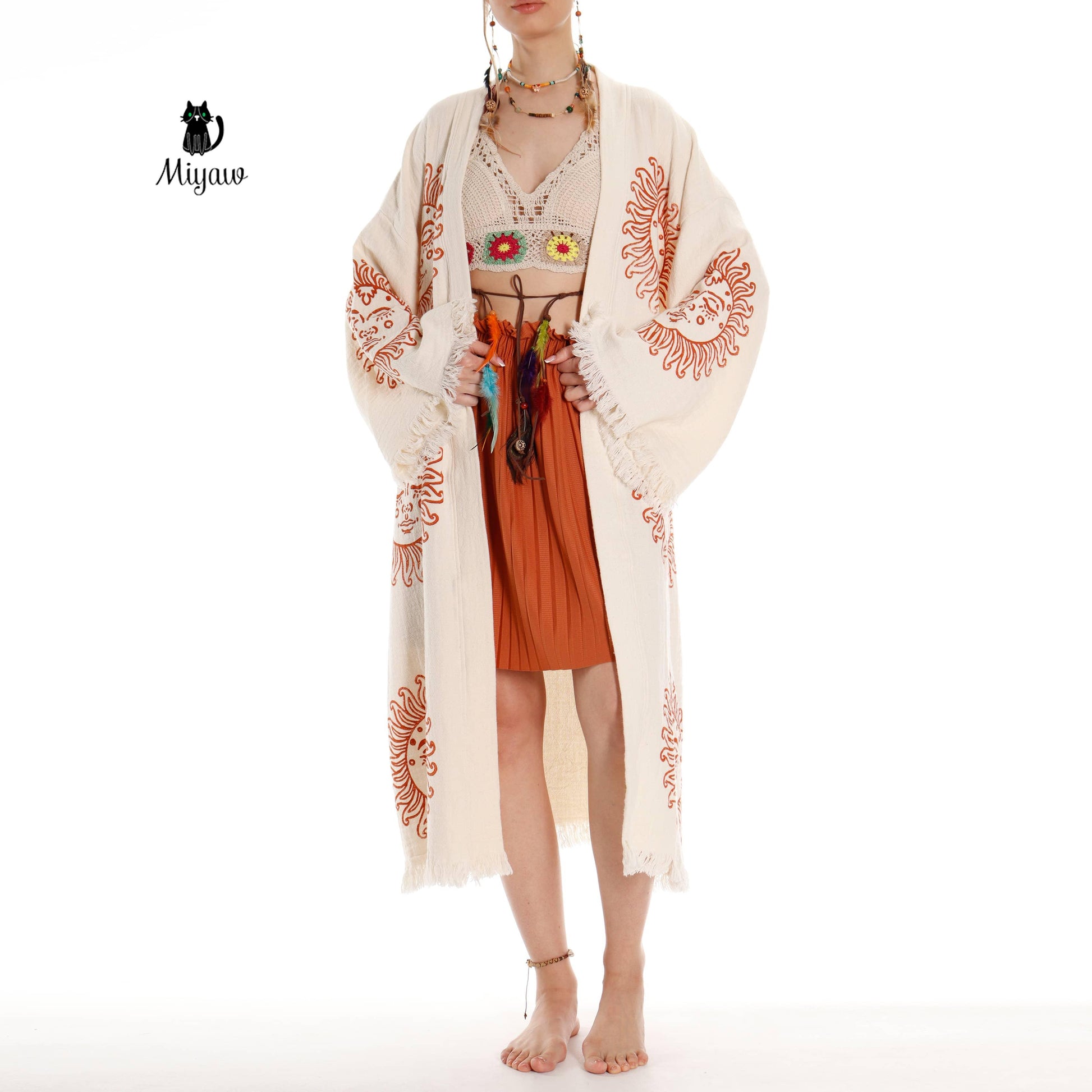 Unique Sun Stamped Robe: Eco-Friendly Organic Cotton Boho Kimono Miyawfashion