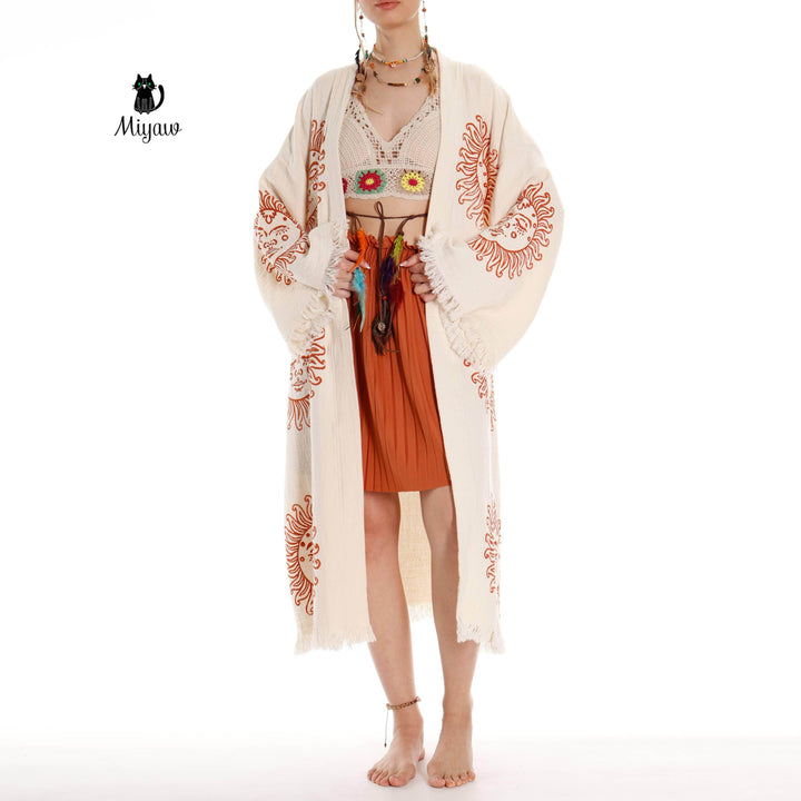 Unique Sun Stamped Robe: Eco-Friendly Organic Cotton Boho Kimono - GiFTiFY