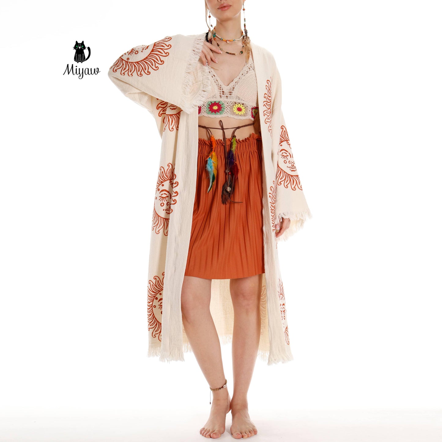 Unique Sun Stamped Robe: Eco-Friendly Organic Cotton Boho Kimono Miyawfashion