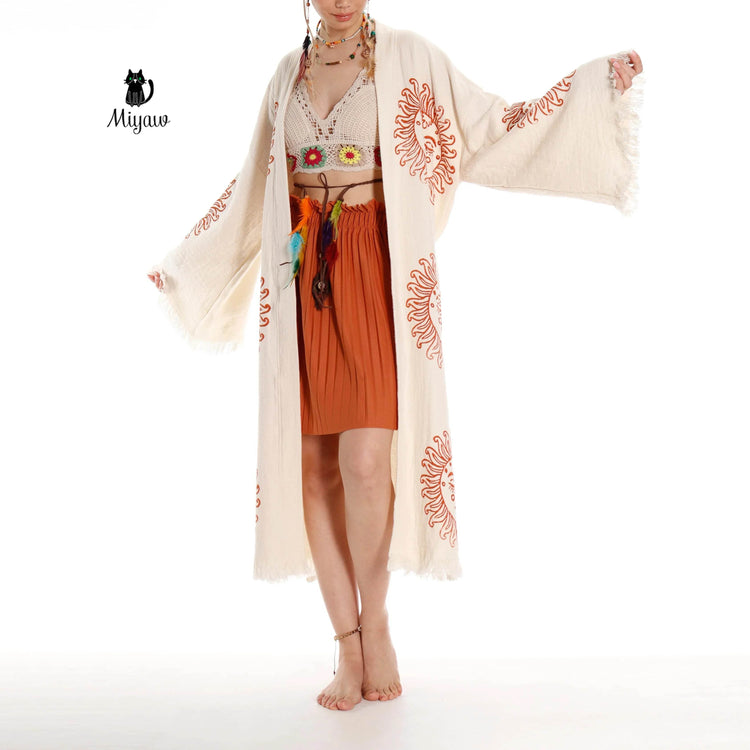 Unique Sun Stamped Robe: Eco-Friendly Organic Cotton Boho Kimono - GiFTiFY