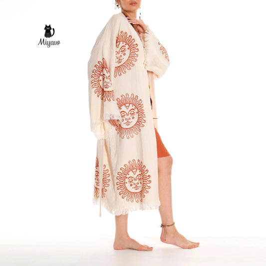 Unique Sun Stamped Robe: Eco-Friendly Organic Cotton Boho Kimono Miyawfashion