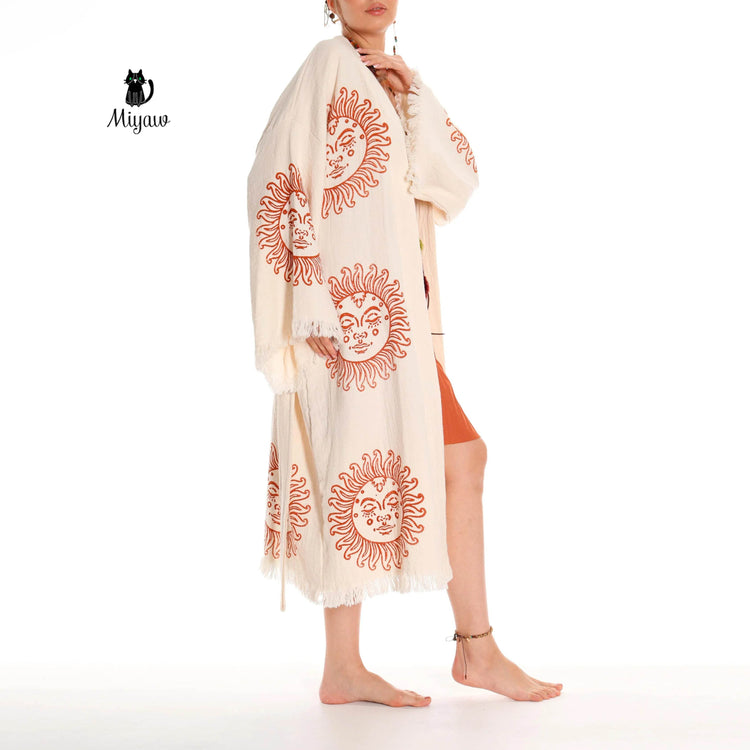 Unique Sun Stamped Robe: Eco-Friendly Organic Cotton Boho Kimono - GiFTiFY