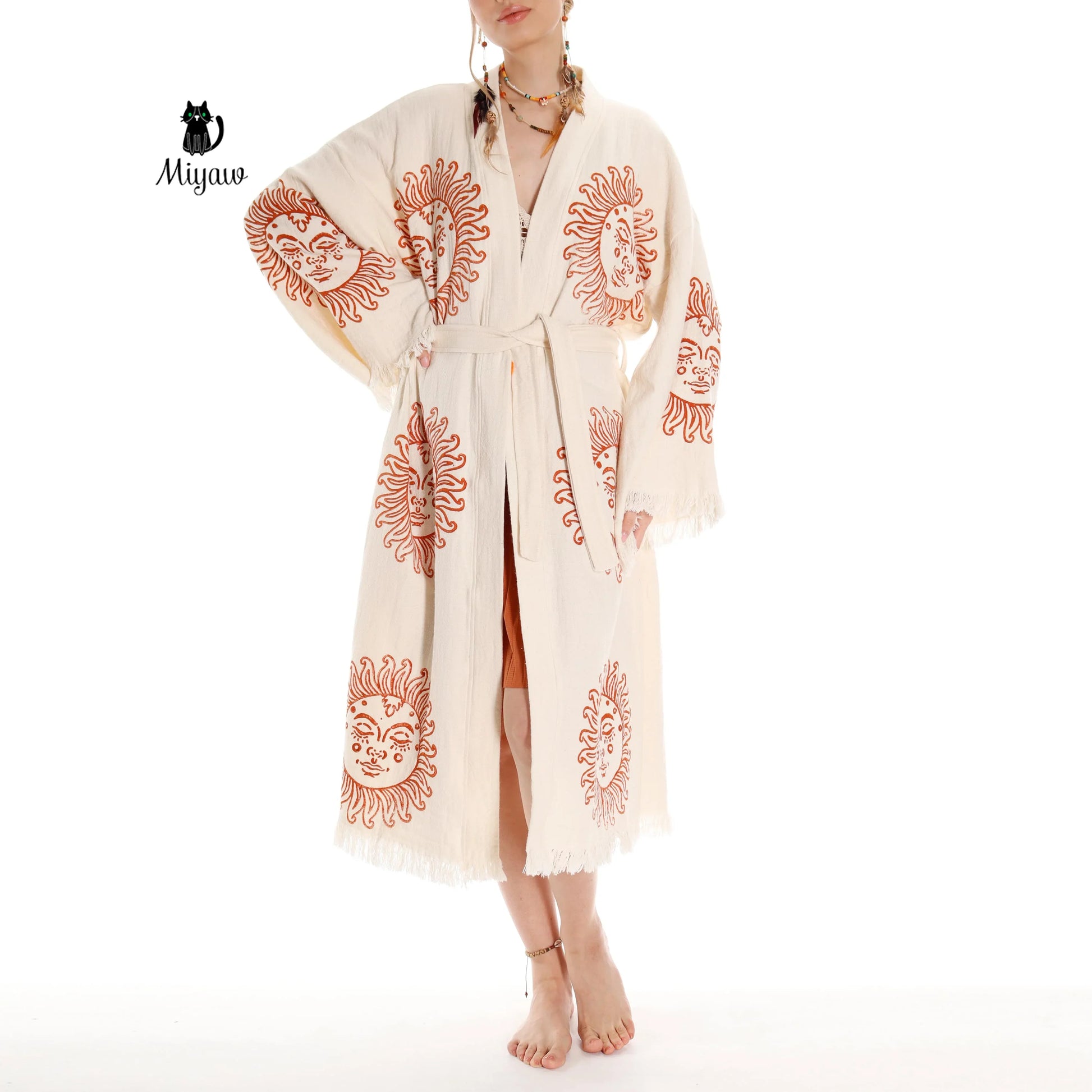 Unique Sun Stamped Robe: Eco-Friendly Organic Cotton Boho Kimono Miyawfashion