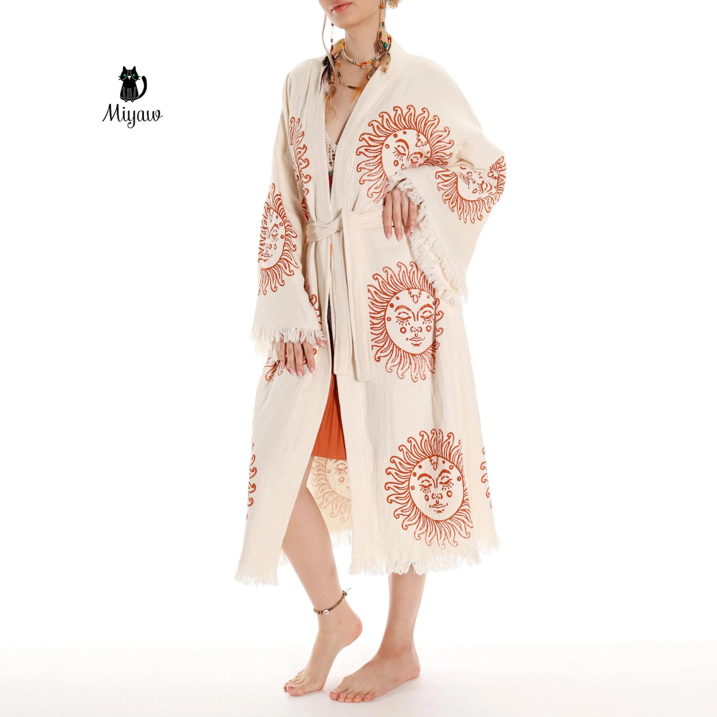 Unique Sun Stamped Robe: Eco-Friendly Organic Cotton Boho Kimono Miyawfashion