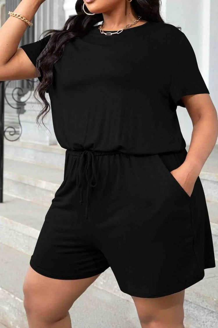 Plus Size Drawstring Waist Romper with Pockets - GiFTiFY