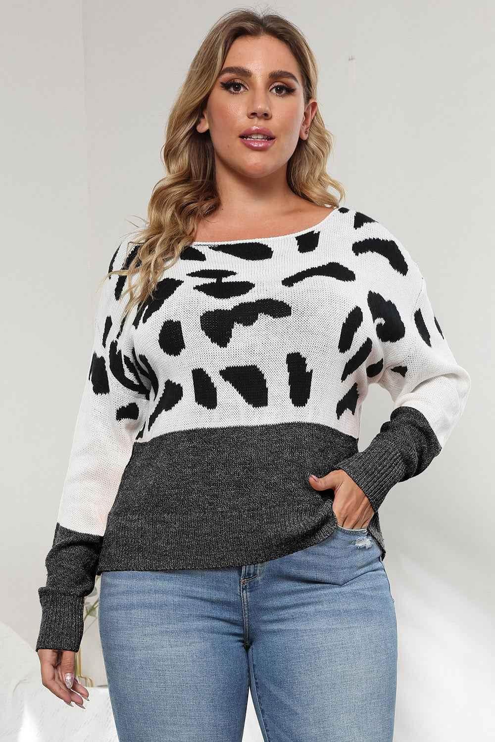Plus Size Leopard Round Neck Long Sleeve Sweater - GiFTiFY