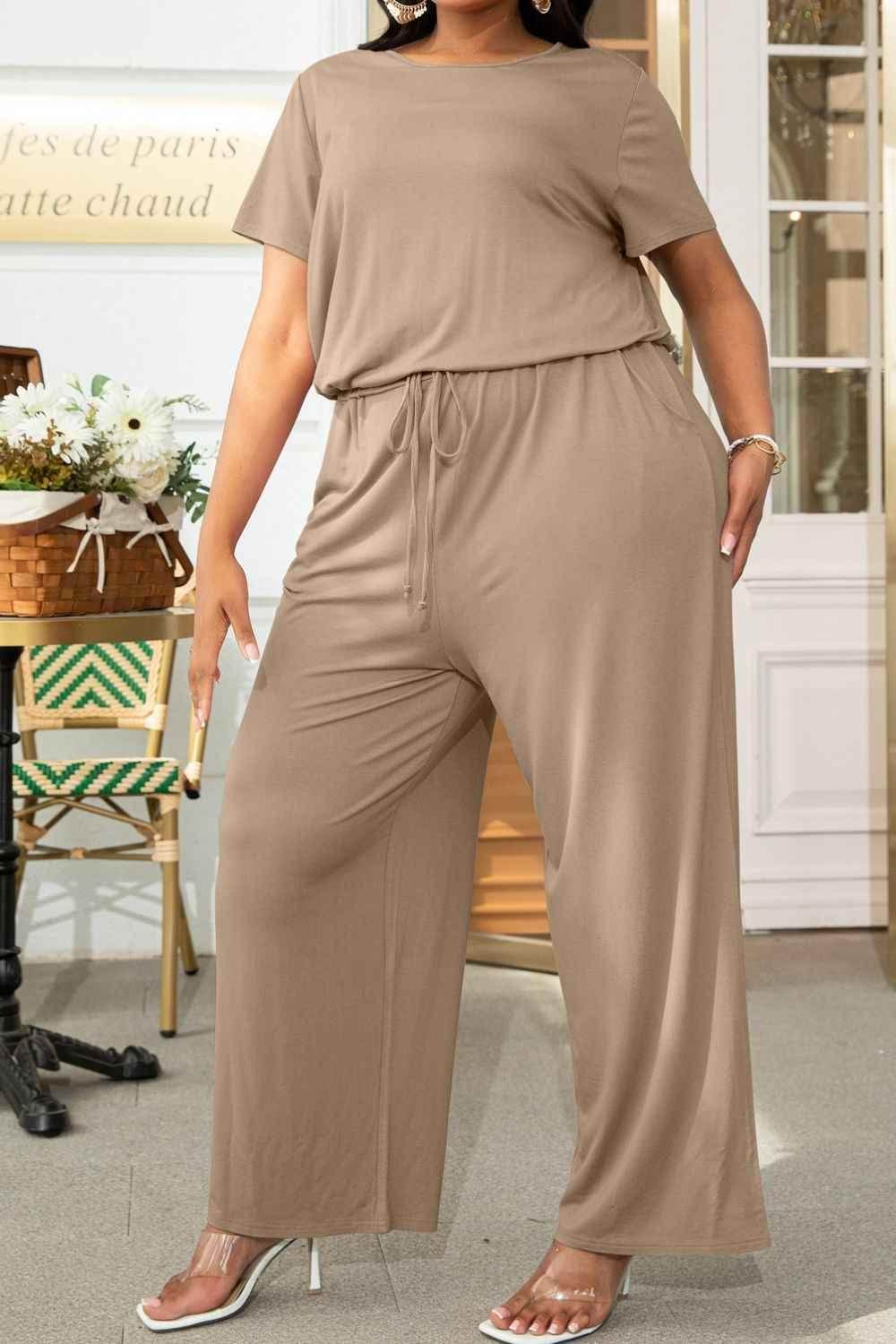Plus Size Drawstring Waist Short Sleeve Jumpsuit - GiFTiFY