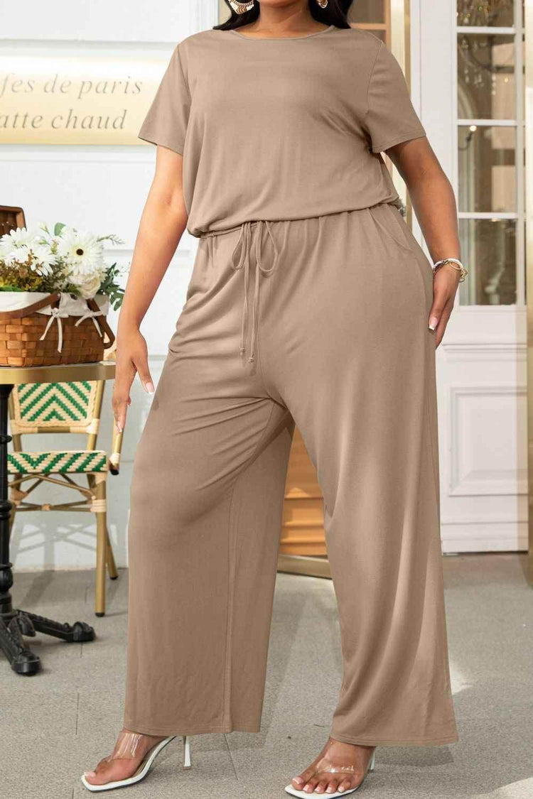 Plus Size Drawstring Waist Short Sleeve Jumpsuit - GiFTiFY