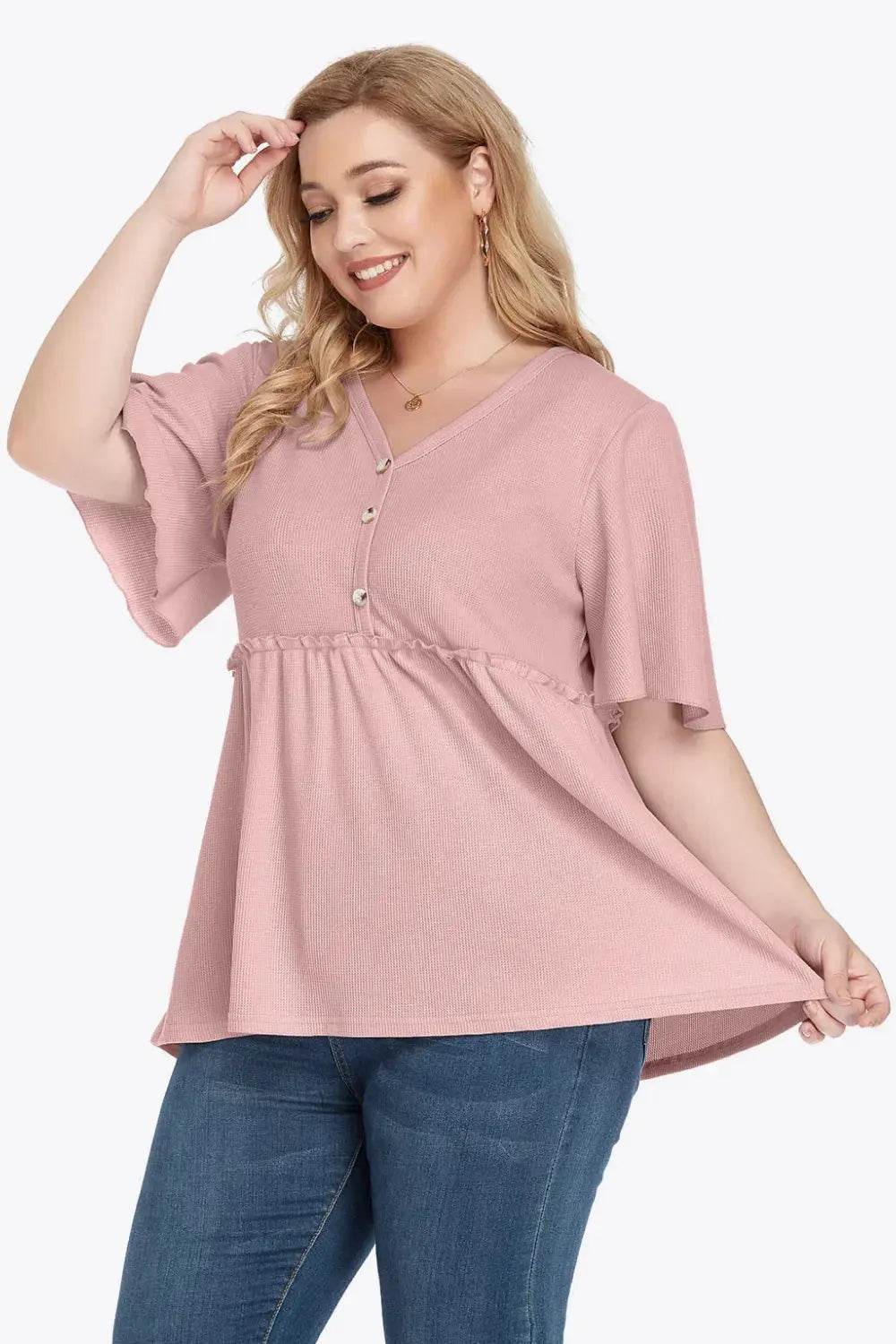 Plus Size Buttoned V-Neck Frill Trim Babydoll Blouse - GiFTiFY