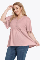 Plus Size Buttoned V-Neck Frill Trim Babydoll Blouse - GiFTiFY