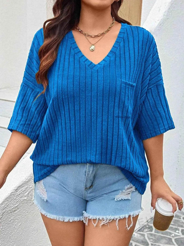 Plus Size V-Neck Ribbed Knit T-Shirt - GiFTiFY