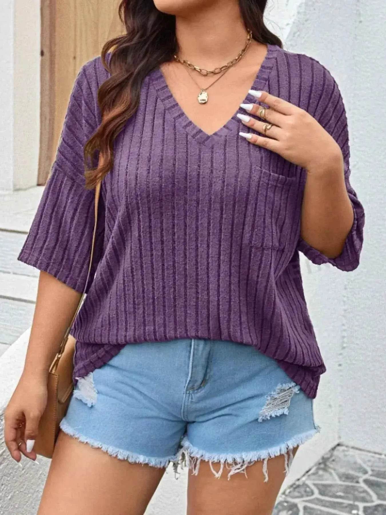 Plus Size V-Neck Ribbed Knit T-Shirt - GiFTiFY