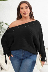 Plus Size One Shoulder Beaded Sweater - GiFTiFY