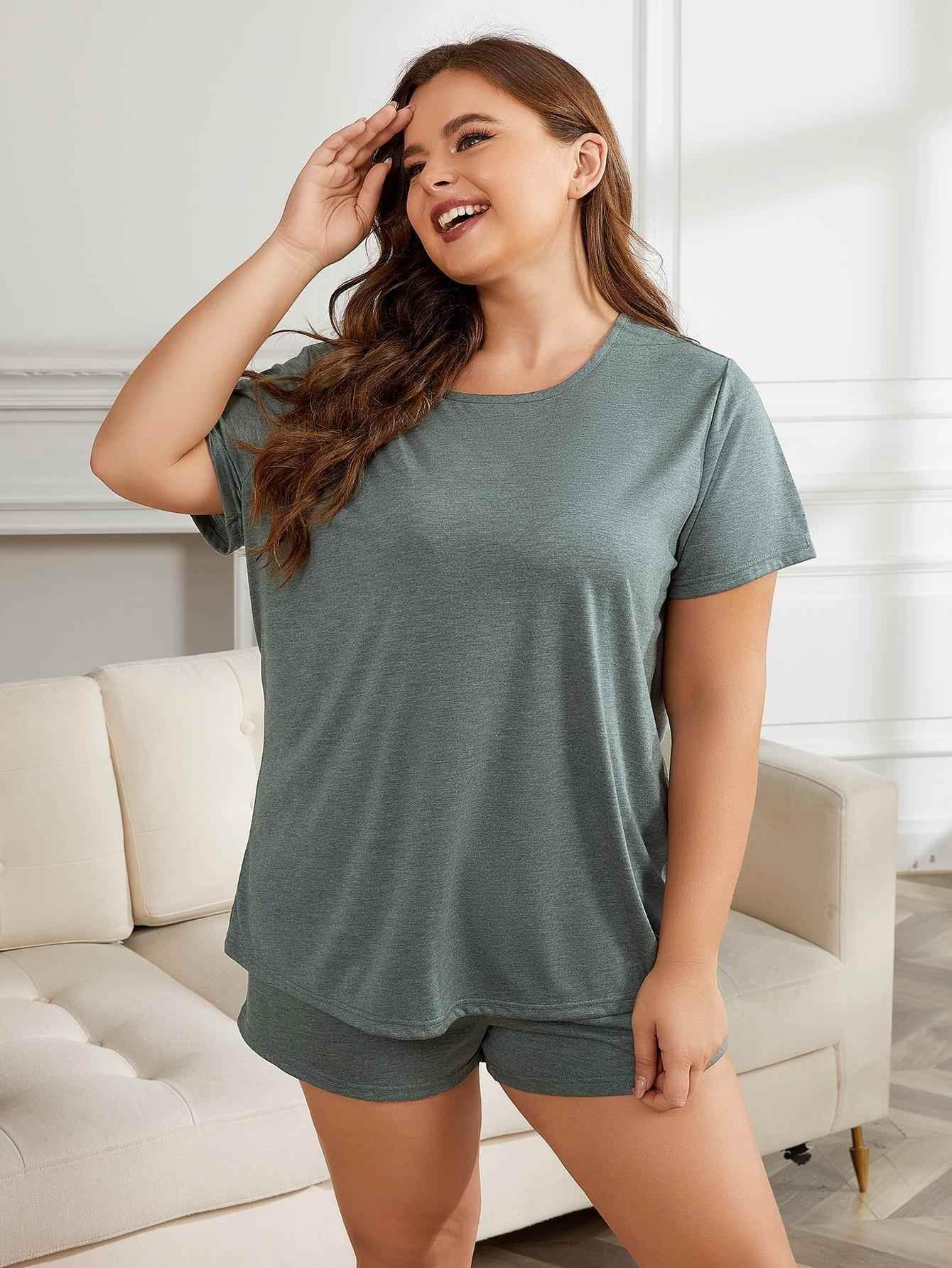 Plus Size Round Neck Short Sleeve Two-Piece Loungewear Set - GiFTiFY