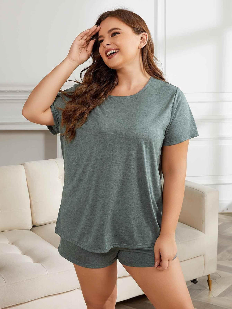Plus Size Round Neck Short Sleeve Two-Piece Loungewear Set - GiFTiFY