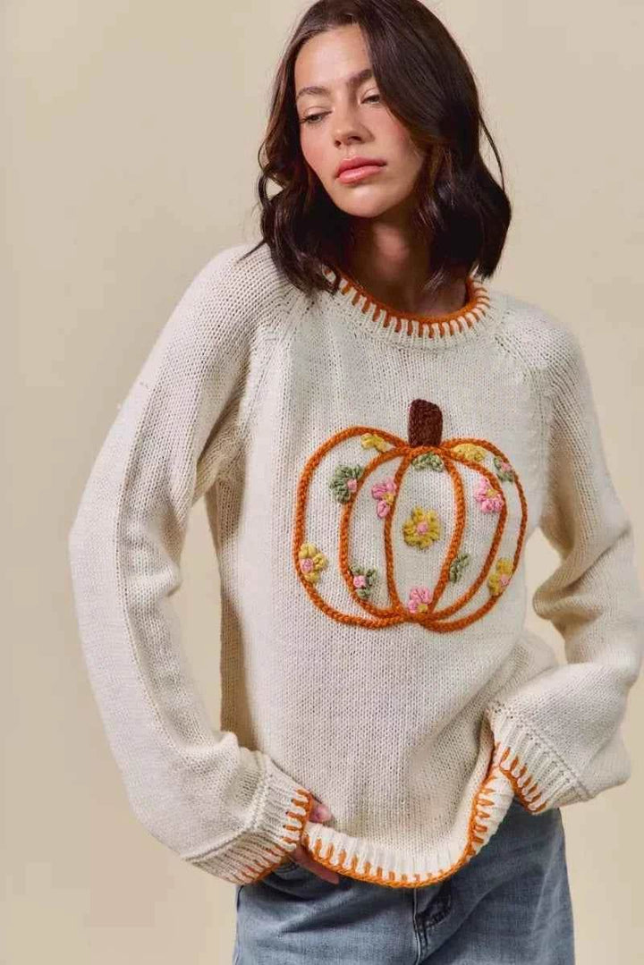 SO ME Pumpkin Floral Embroidered Thanksgiving Sweater - GiFTiFY