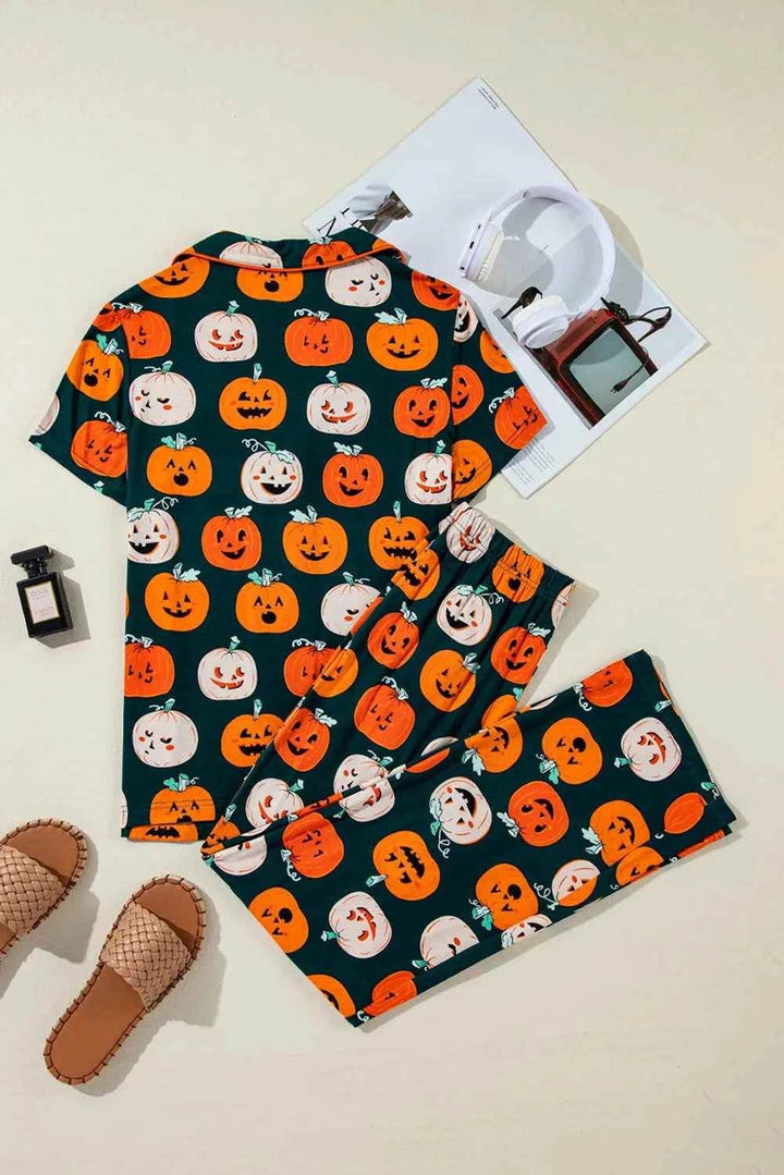 Pumpkin Printed Short Sleeve Top and Pants Lounge Set - GiFTiFY
