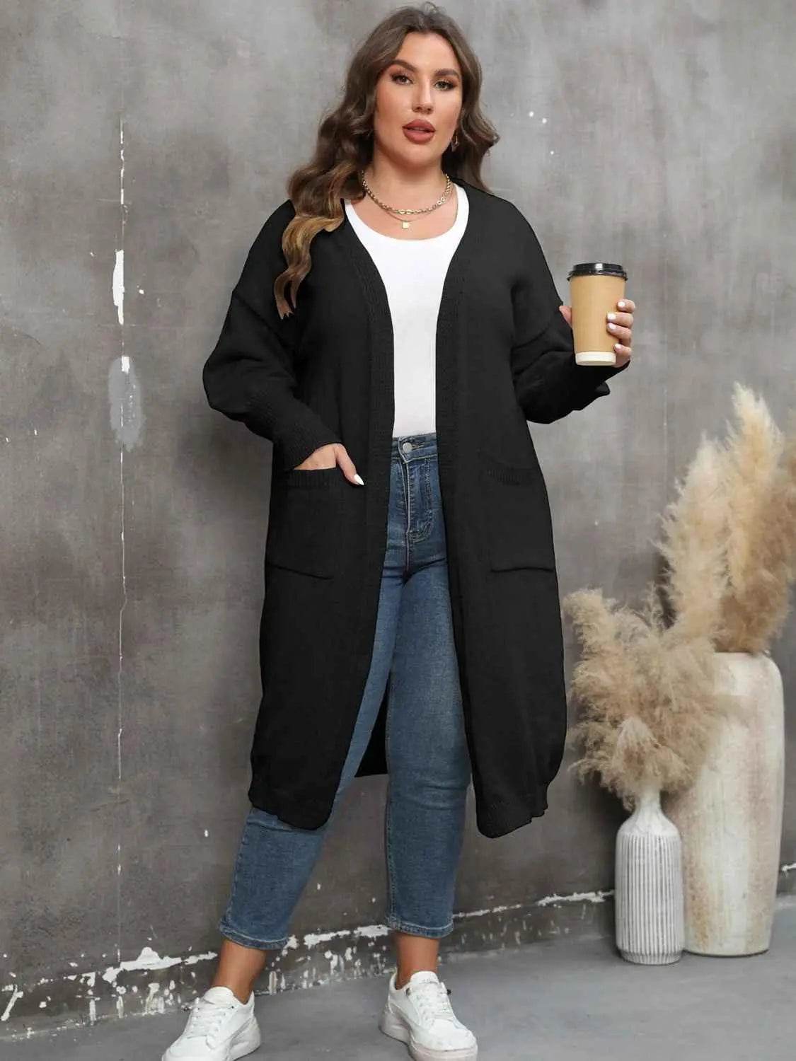 Plus Size Long Sleeve Pocketed Cardigan - GiFTiFY