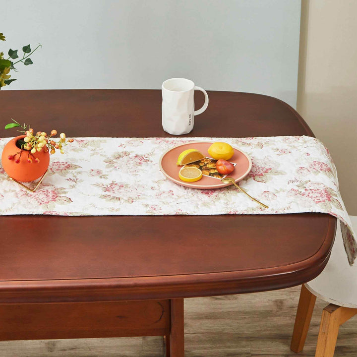 DaDa Bedding Hint of Mint Cottage Floral Roses Quilted Cotton Dining Table Runner (3036) - GiFTiFY