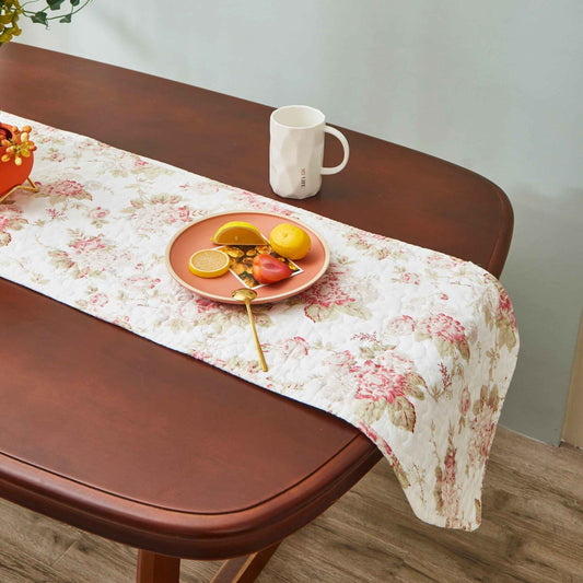 DaDa Bedding Hint of Mint Cottage Floral Roses Quilted Cotton Dining Table Runner (3036)