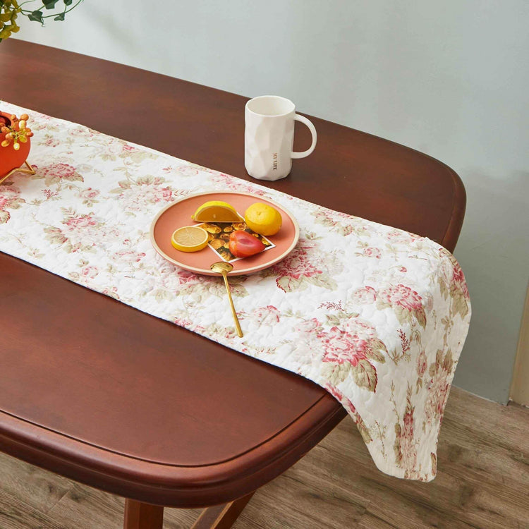 DaDa Bedding Hint of Mint Cottage Floral Roses Quilted Cotton Dining Table Runner (3036) Table Runners by DaDalogy Bedding Collection