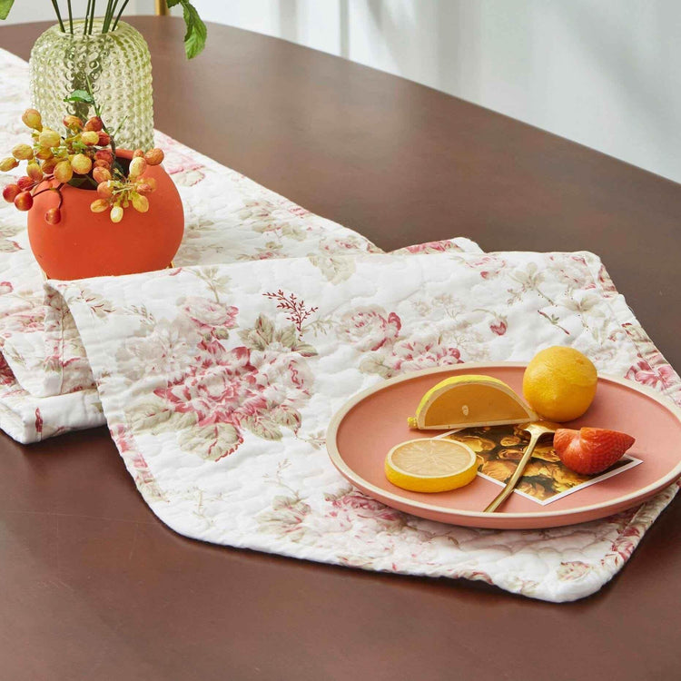 DaDa Bedding Hint of Mint Cottage Floral Roses Quilted Cotton Dining Table Runner (3036) Table Runners by DaDalogy Bedding Collection