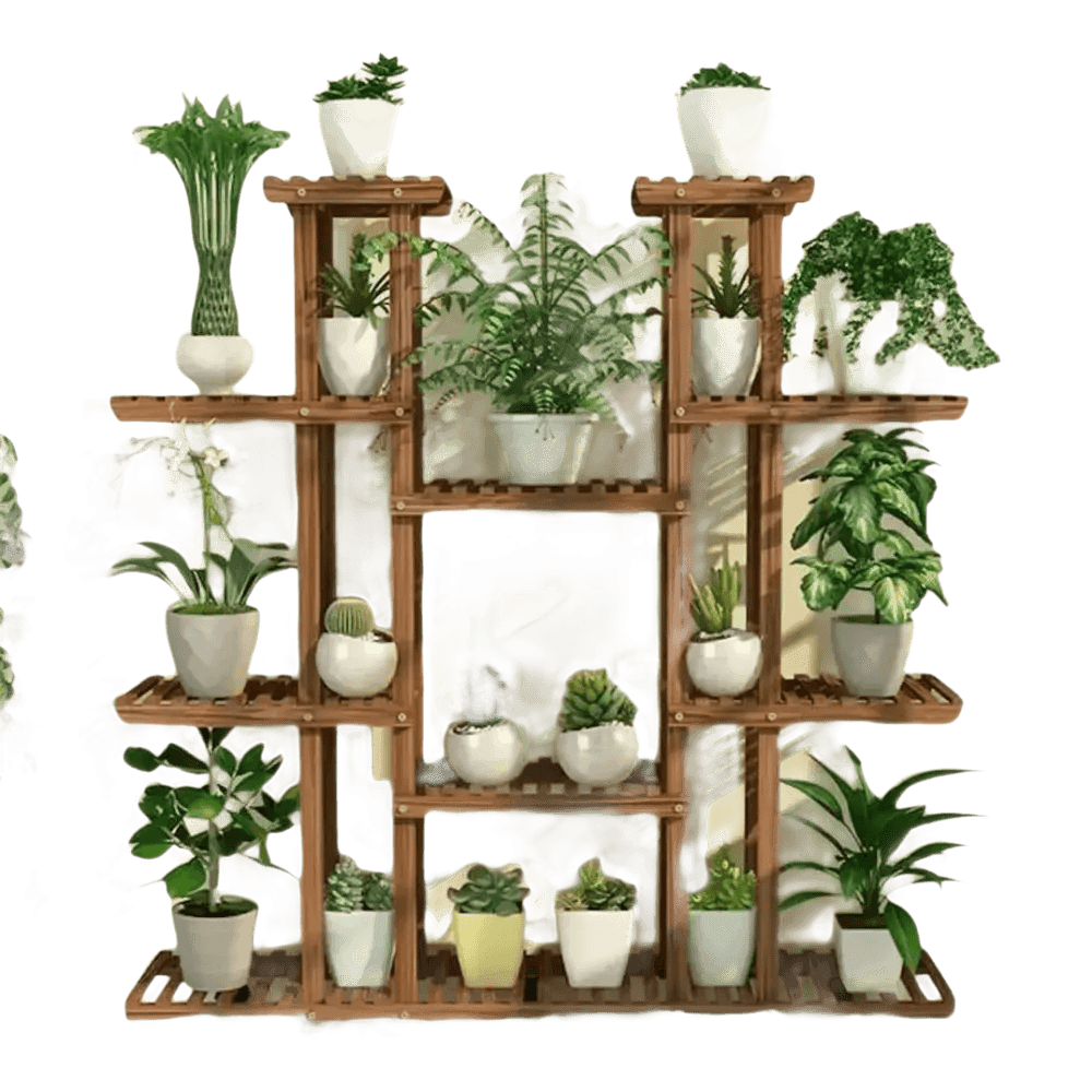 Multi-tiered wooden plant stand with various potted plants.