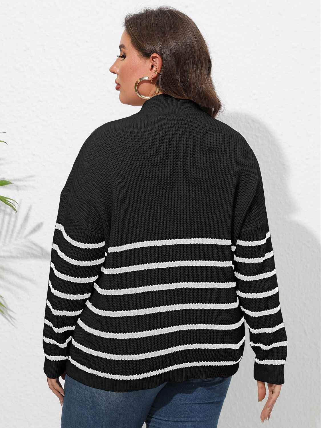 Plus Size Zip-Up Striped Sweater - GiFTiFY
