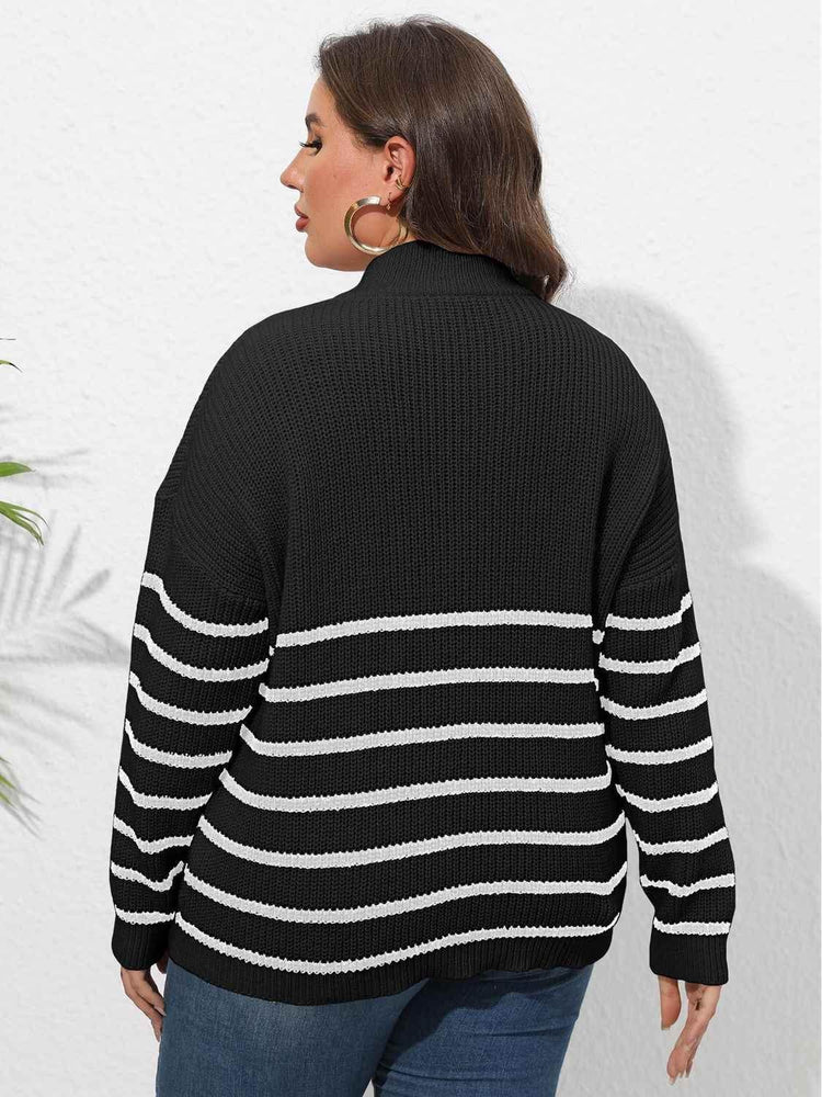 Plus Size Zip-Up Striped Sweater - GiFTiFY