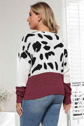 Plus Size Leopard Round Neck Long Sleeve Sweater - GiFTiFY